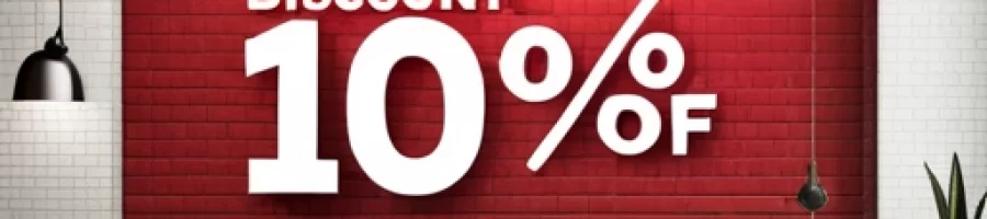 A visually appealing 10% discount banner overlapping a brick wall background, in a color theme that suits the brand. The banner should feature large font text displaying the discount code with a catchy call to action. A clear and simple design will be effective in grabbing the attention of the customers passing by.